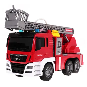 Pojazd strażacki z rozłożoną drabiną i widocznymi światłami