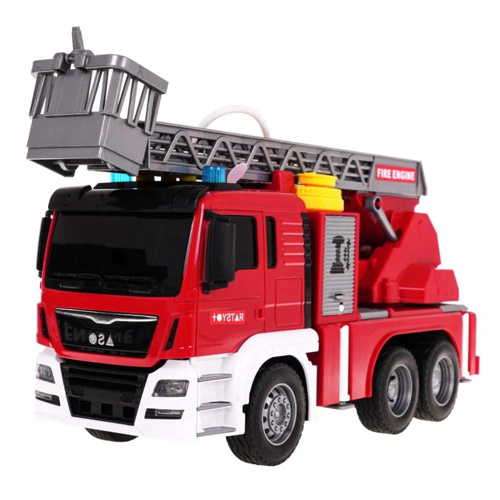 Pojazd strażacki z rozłożoną drabiną i widocznymi światłami