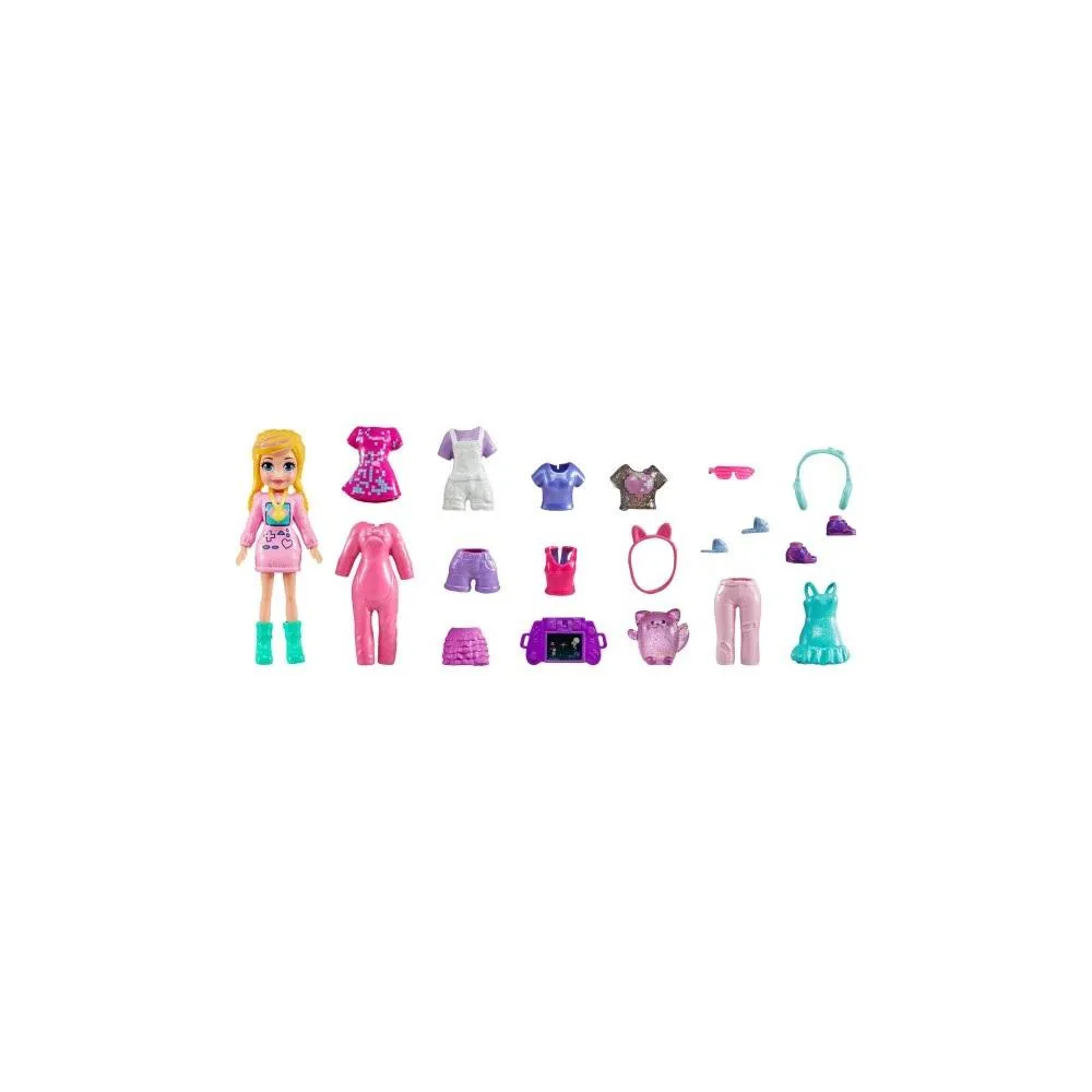 Polly Pocket lalka z ubrankami i akcesoriami na białym tle