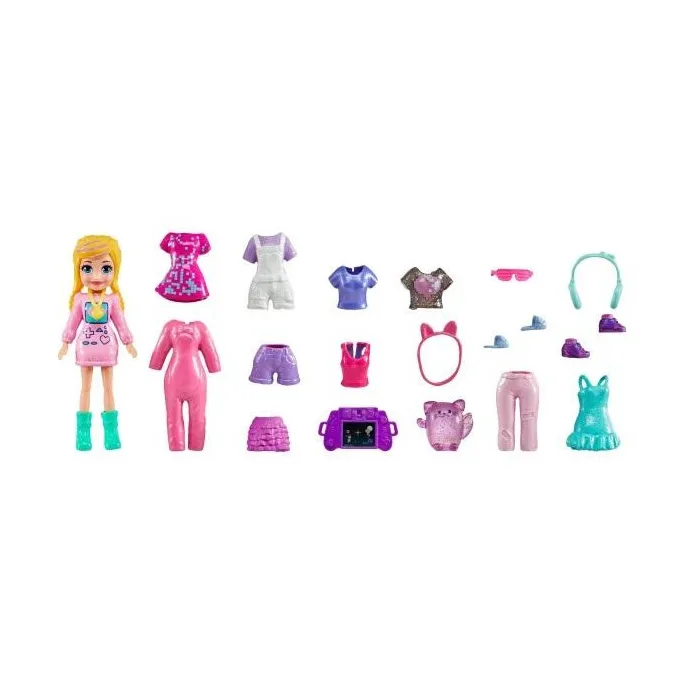 Polly Pocket lalka z ubrankami i akcesoriami na białym tle