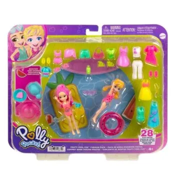 Zestaw modowy Polly Pocket z dwiema lalkami i akcesoriami na białym tle