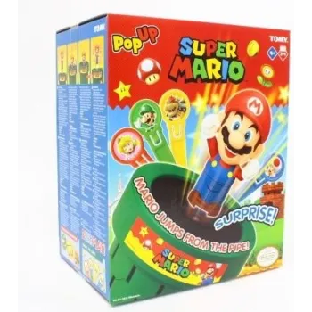 Gra Pop Up Mario TOMY z Mario wyskakującym z beczki na tle kolorowych mieczyków