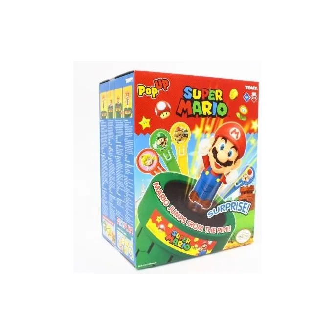 Gra Pop Up Mario TOMY z Mario wyskakującym z beczki na tle kolorowych mieczyków