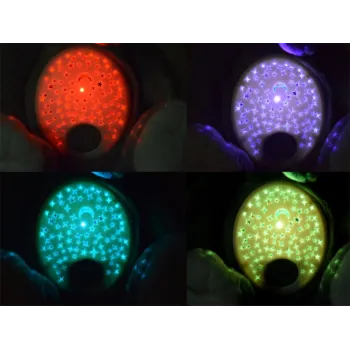 maskotka słonik prezentująca różne kolory projekcji światła