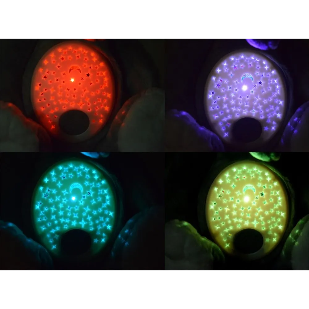 maskotka słonik prezentująca różne kolory projekcji światła