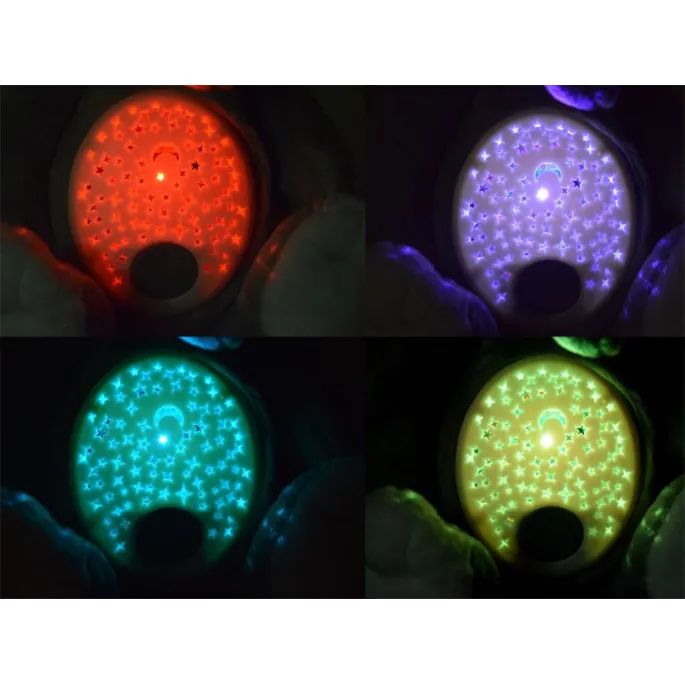 maskotka słonik prezentująca różne kolory projekcji światła