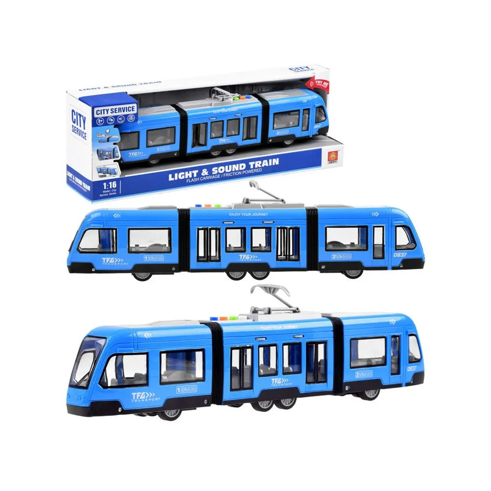 Przegubowy niebieski tramwaj zabawkowy o długości 45 cm na białym tle