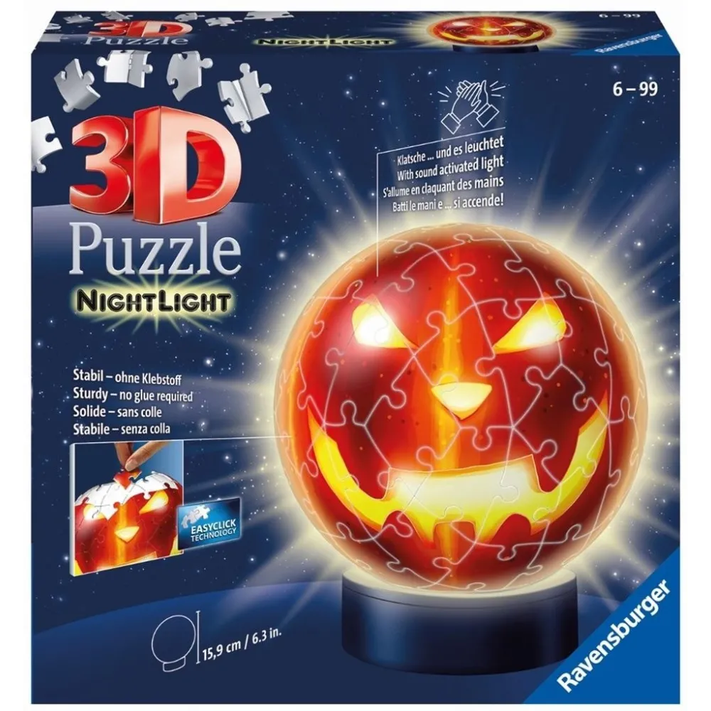 widok świecącej dyni z puzzli 3d z załączonymi światełkami led