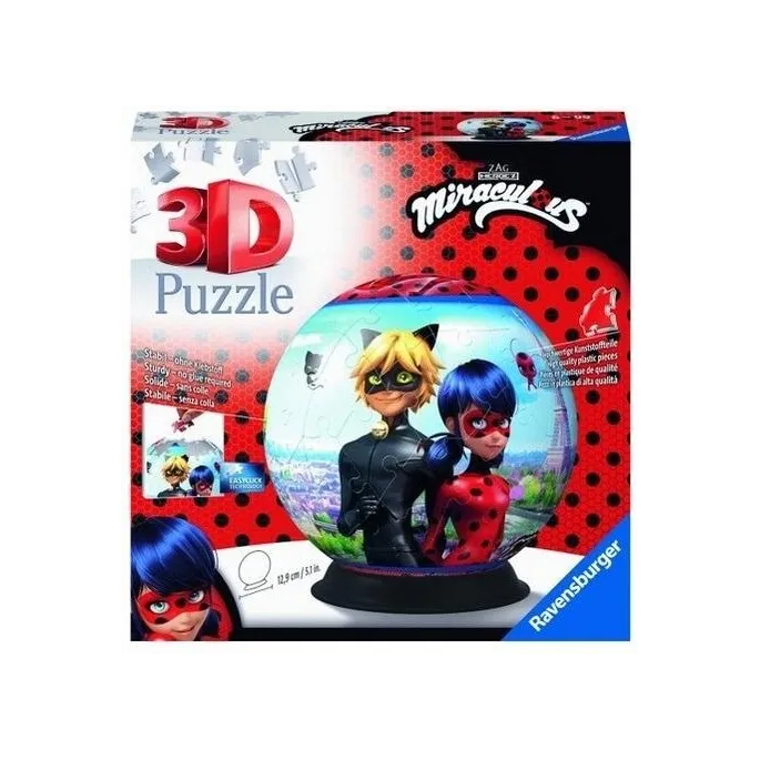 Puzzle 3D 72 Kula Miraculous z kolorową grafiką na powierzchni
