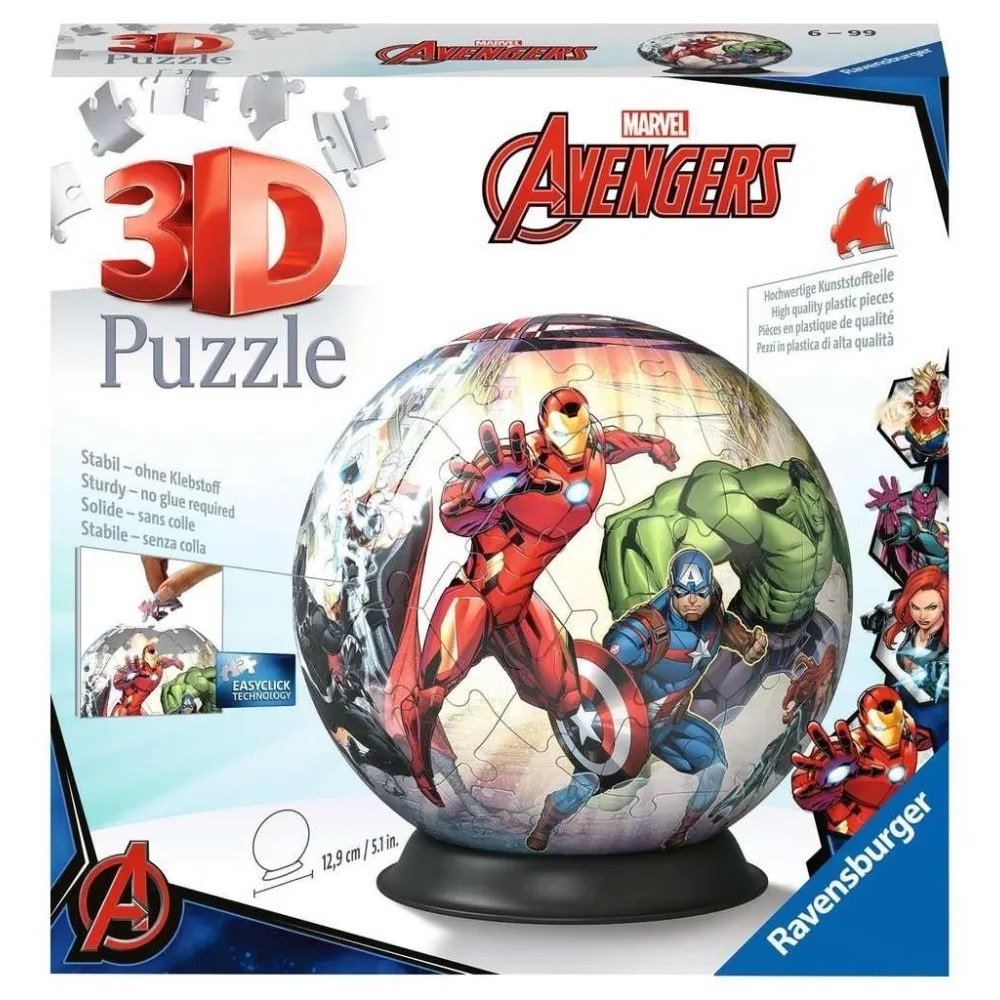 Puzzle 3D 72 elementów z motywem Marvel Avengers w formie kuli na podstawce
