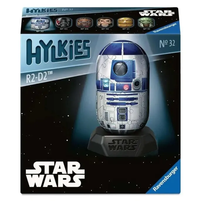 Puzzle 3D R2-D2 Star Wars złożone na podstawce, widok gotowej figurki