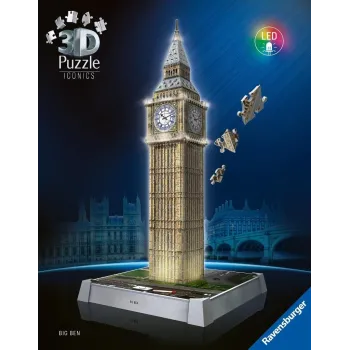 Widok złożonej makiety 3D Big Ben z puzzli na białym tle