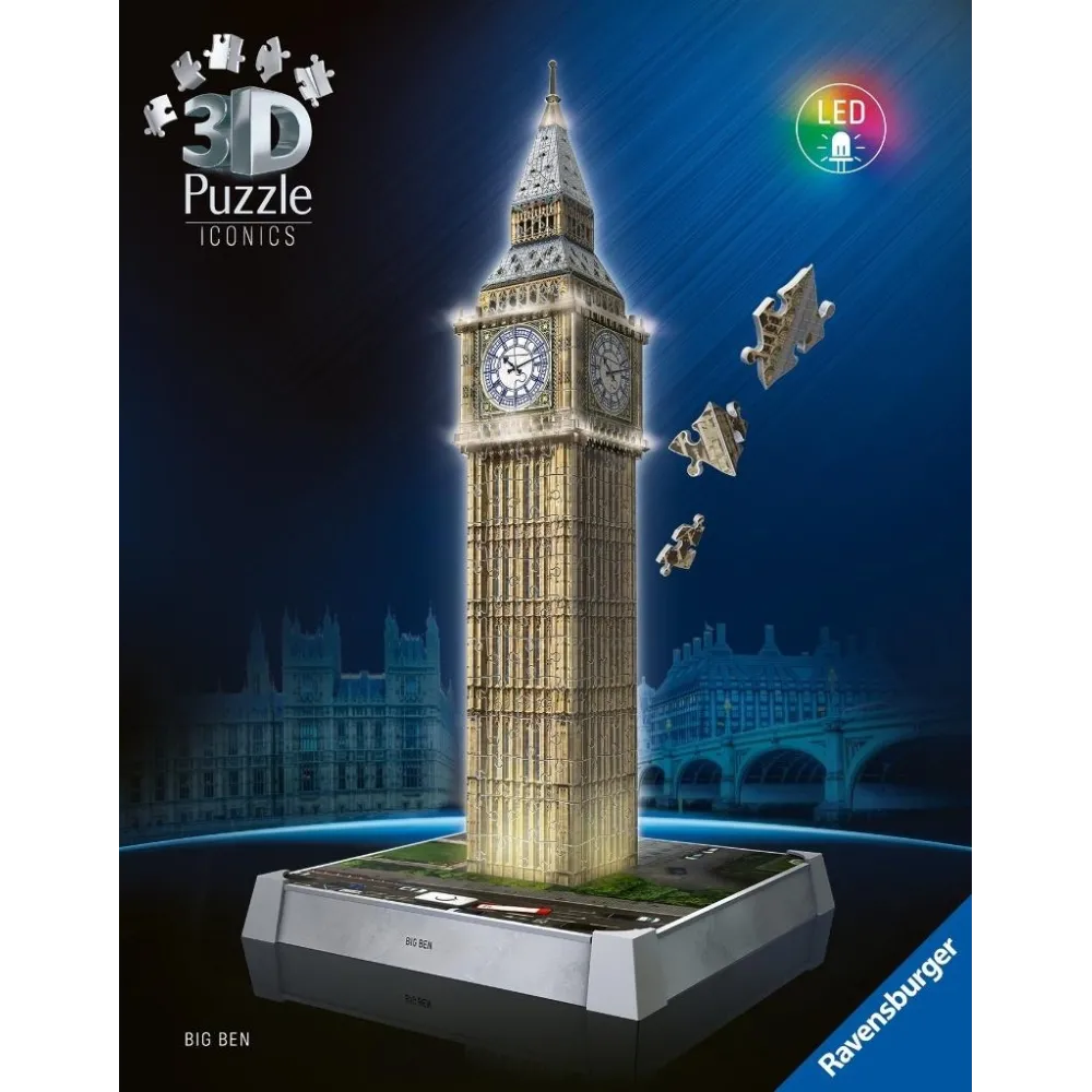 Widok złożonej makiety 3D Big Ben z puzzli na białym tle