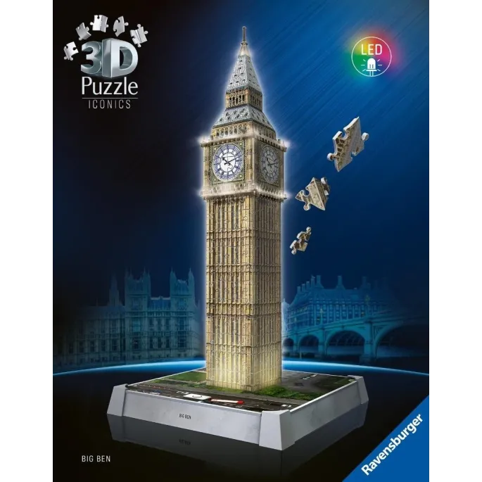 Widok złożonej makiety 3D Big Ben z puzzli na białym tle