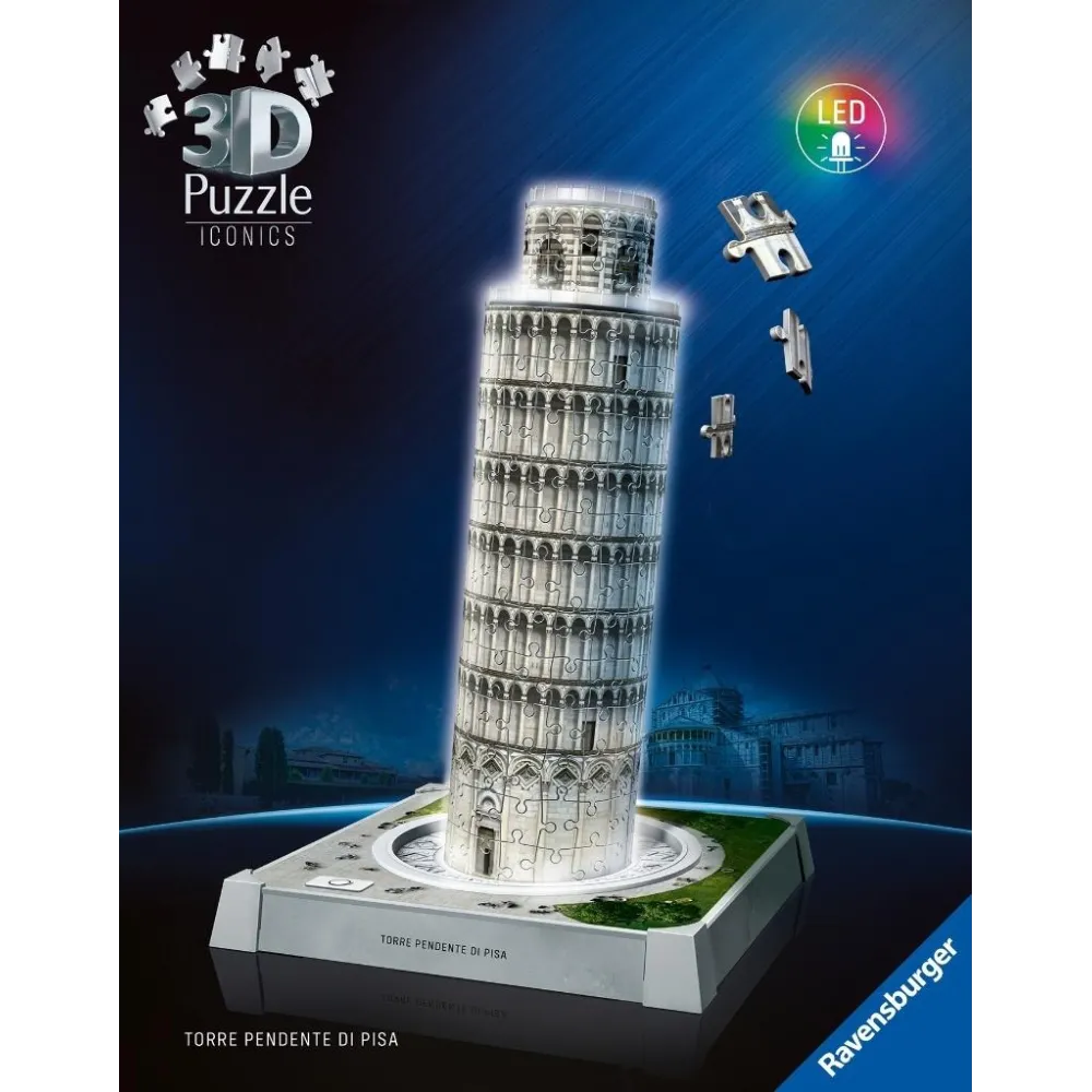 Puzzle 3D Krzywa Wieża w Pizie złożona z 224 elementów na białym tle