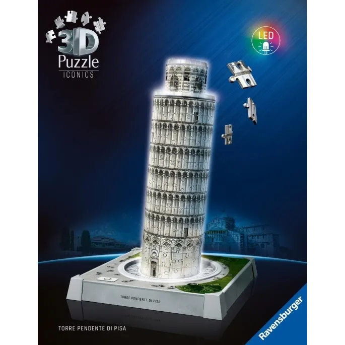 Puzzle 3D Krzywa Wieża w Pizie złożona z 224 elementów na białym tle