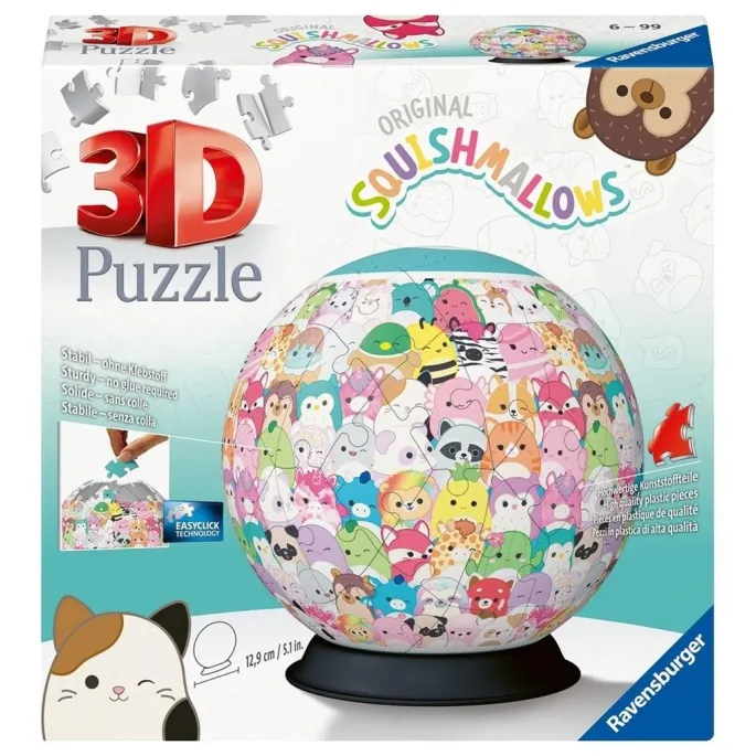 Puzzle 3D kula z motywem Squishmallows na podstawce, widok ogólny