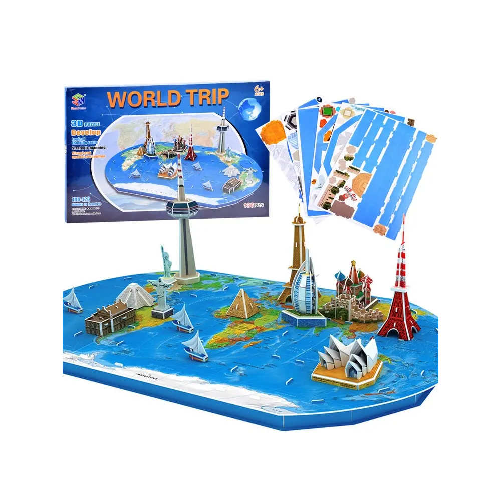 trójwymiarowa mapa świata z puzzli 3d na białym tle