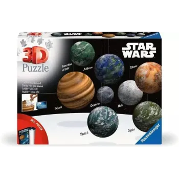 Puzzle 3D Star Wars Galaktyka z planetami i stojakami na tle białym