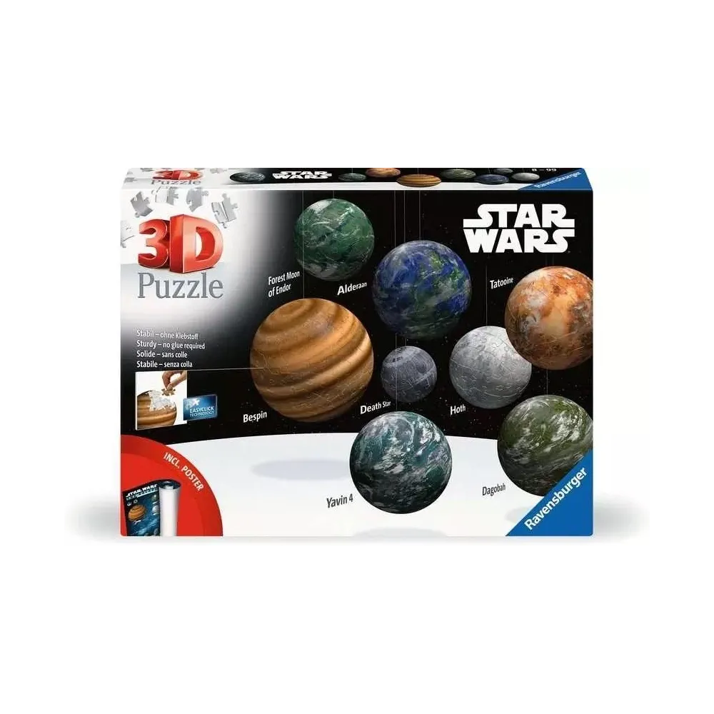 Puzzle 3D Star Wars Galaktyka z planetami i stojakami na tle białym