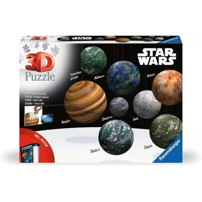 Puzzle 3D Star Wars Galaktyka z planetami i stojakami na tle białym