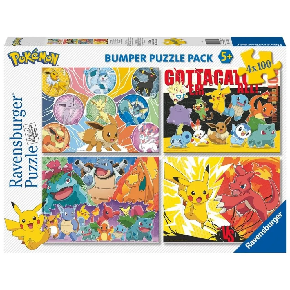 Zbliżenie na puzzle dla dzieci z motywami Pokemon – komplet czterech układanek
