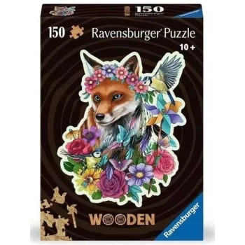 drewniane puzzle z motywem lisa, 150 kolorowych elementów na białym tle