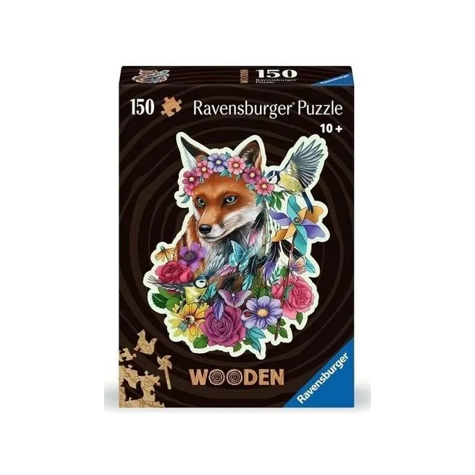 drewniane puzzle z motywem lisa, 150 kolorowych elementów na białym tle