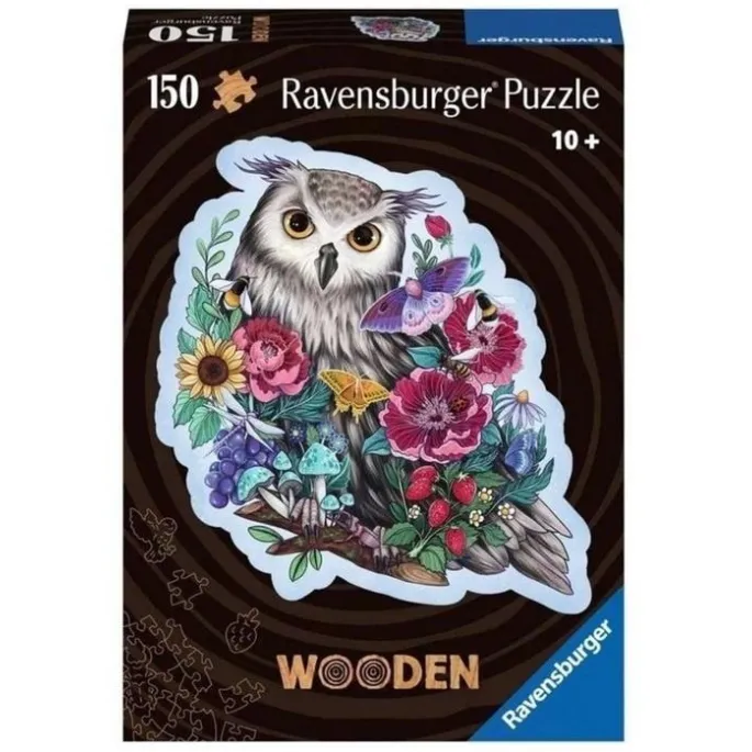 Drewniane puzzle 150 elementów z kolorową sową i unikalnymi kształtami