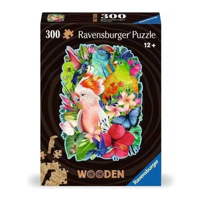 Drewniane puzzle 300 elementów z motywem kolorowych ptaków na tle natury
