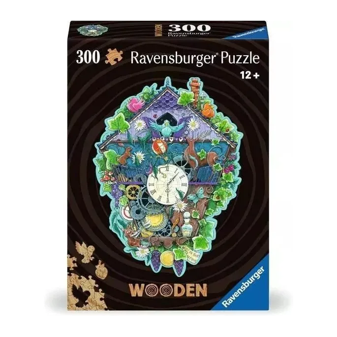 Puzzle drewniane 300 elementów z kolorowym motywem zegara na stole