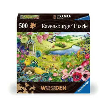 Puzzle drewniane 500 Dziki ogród z barwnymi ptakami i roślinami na tle natury