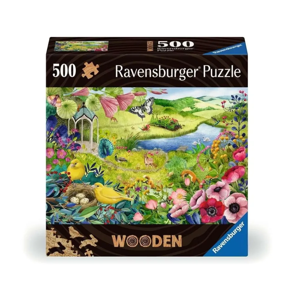 Puzzle drewniane 500 Dziki ogród z barwnymi ptakami i roślinami na tle natury