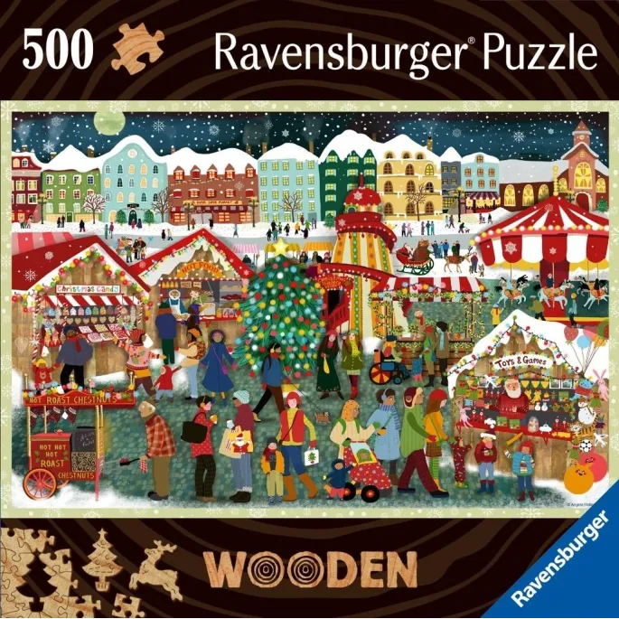 Drewniane puzzle 500 elementów z ilustracją jarmarku świątecznego