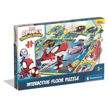 Puzzle dywan Spidey rozłożone na podłodze z widocznym interaktywnym piórem