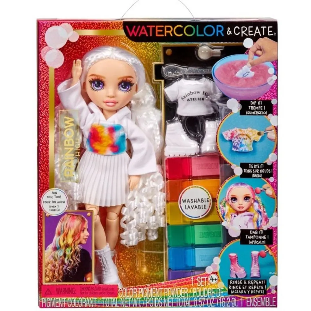 Lalka Rainbow High WaterColor & Create NEW TD purple z białymi ubraniami do zdobienia