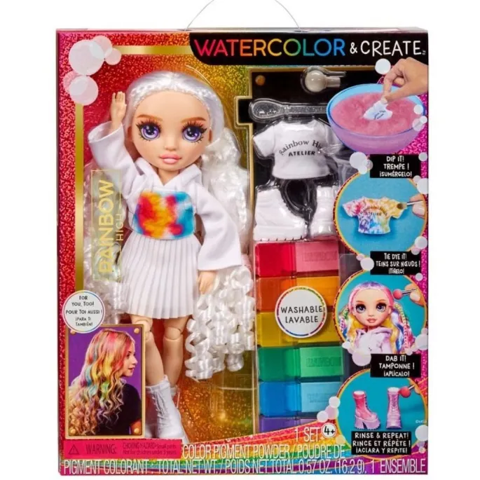 Lalka Rainbow High WaterColor & Create NEW TD purple z białymi ubraniami do zdobienia