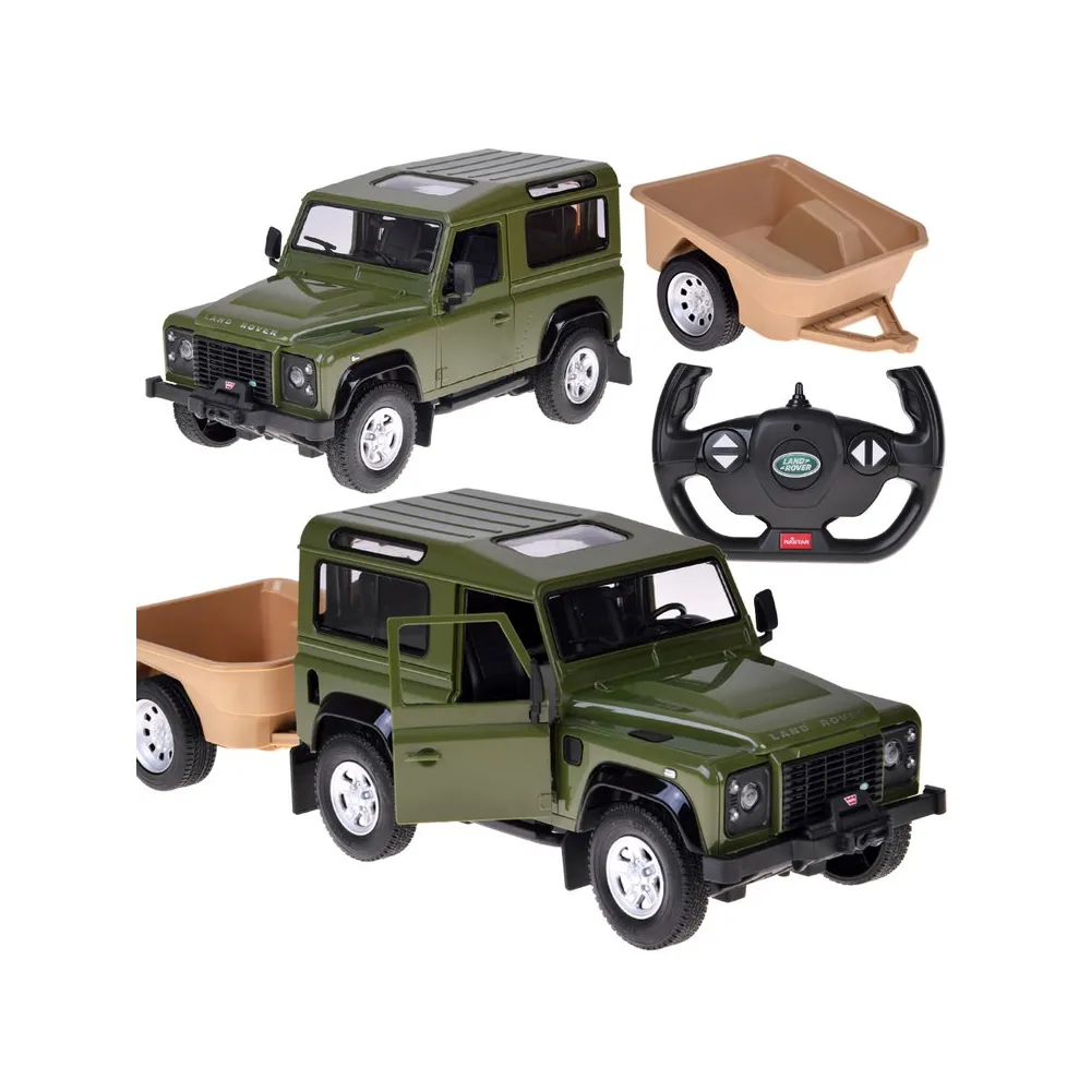 Rastar Land Rover Defender 1:14 na białym tle z pilotem i przyczepą