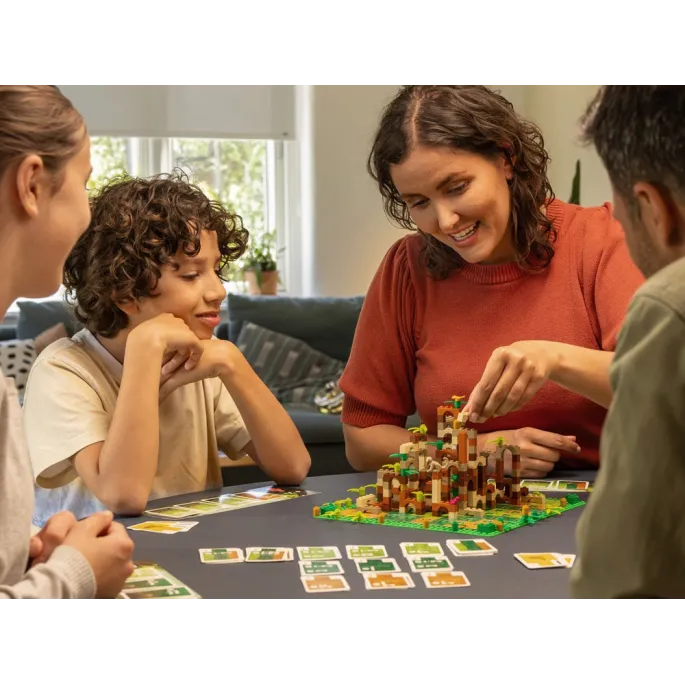 Elementy zestawu: karty, klocki, plansze oraz planszetki graczy