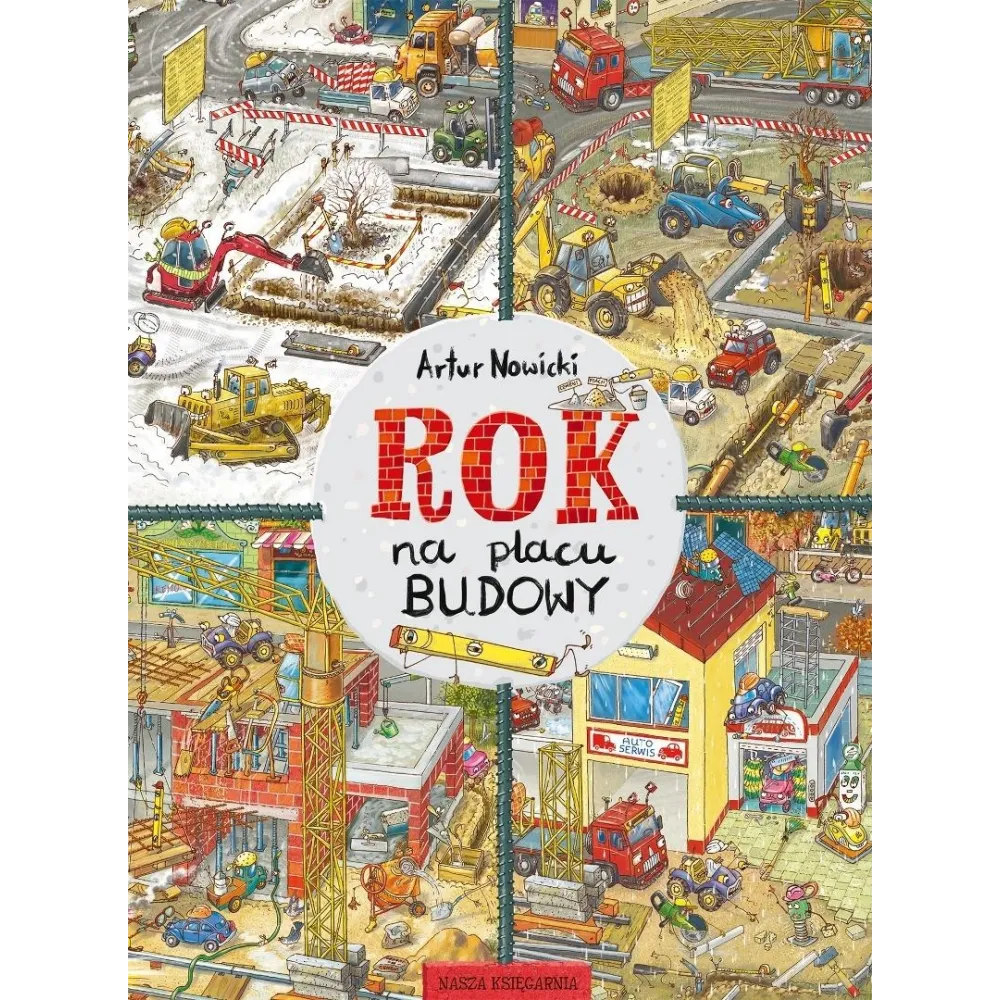 okładka książki Rok na placu budowy z ilustracją maszyn budowlanych