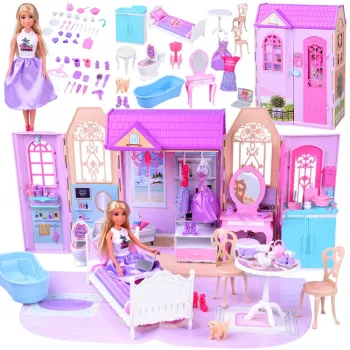 rozłożony domek dla lalki z widocznymi trzema pomieszczeniami