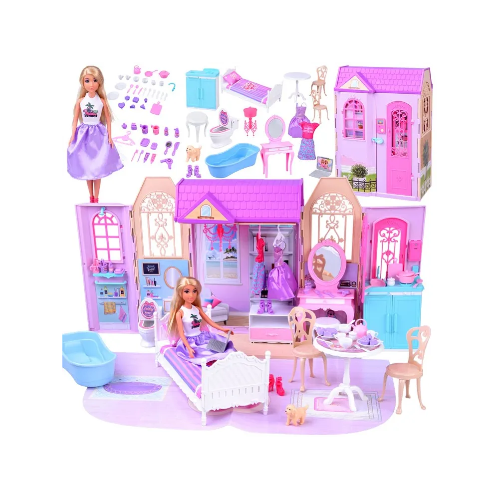 rozłożony domek dla lalki z widocznymi trzema pomieszczeniami