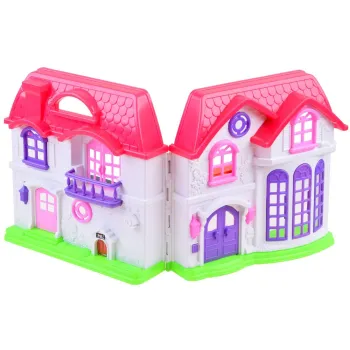 domek dla lalek w kolorach bieli i różu na tle dziecięcego pokoju