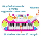 Kolorowe elementy zestawu: stołeczek, werble i podstawa keyboardu dla najmłodszych