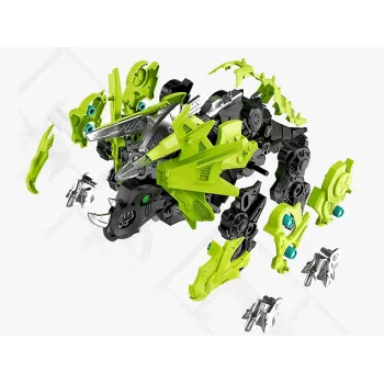 dziecko budujące mechanicznego triceratopsa z plastikowych części