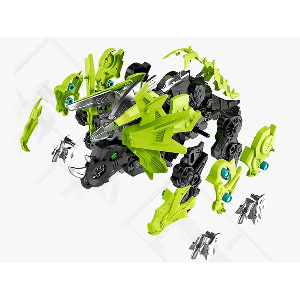 dziecko budujące mechanicznego triceratopsa z plastikowych części