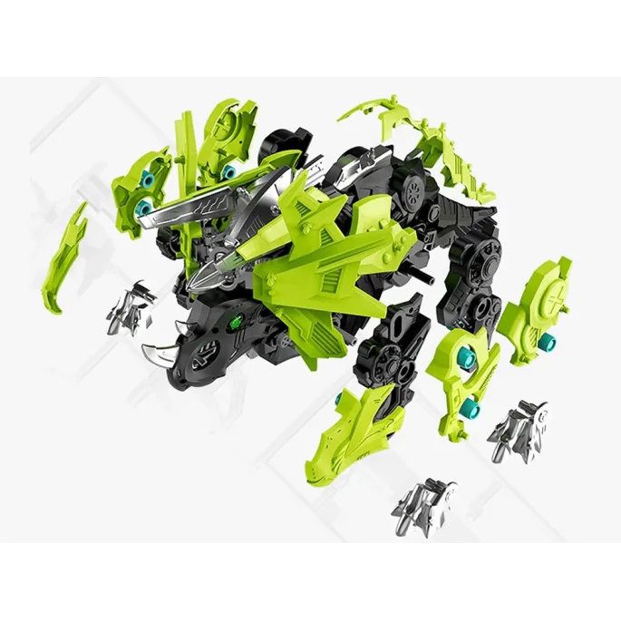 dziecko budujące mechanicznego triceratopsa z plastikowych części