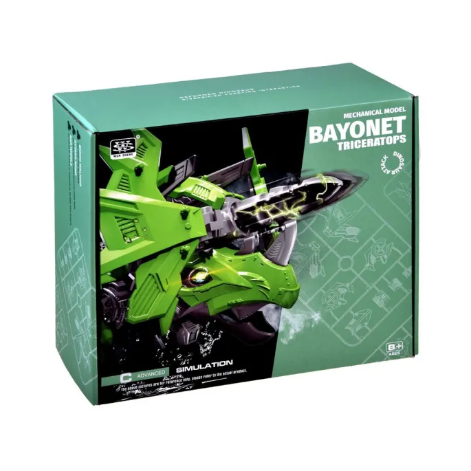 mechaniczny triceratops jako dekoracja na półce w pokoju dziecięcym