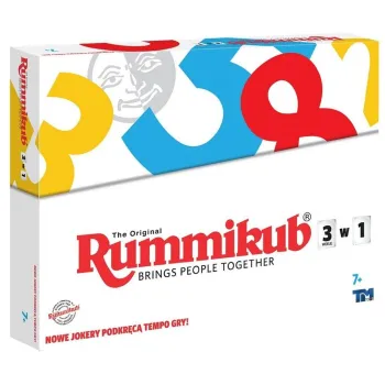 Pudełko gry Rummikub 3w1 z widocznymi elementami zestawu na stole