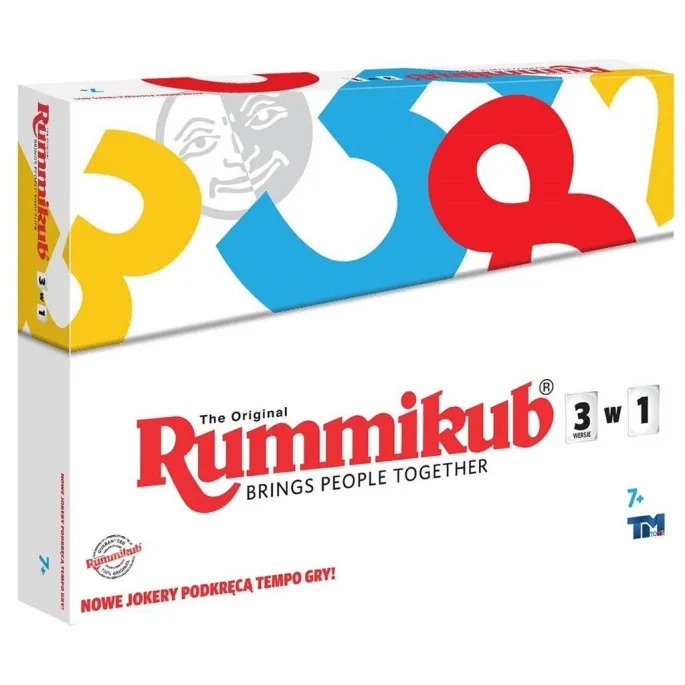 Pudełko gry Rummikub 3w1 z widocznymi elementami zestawu na stole